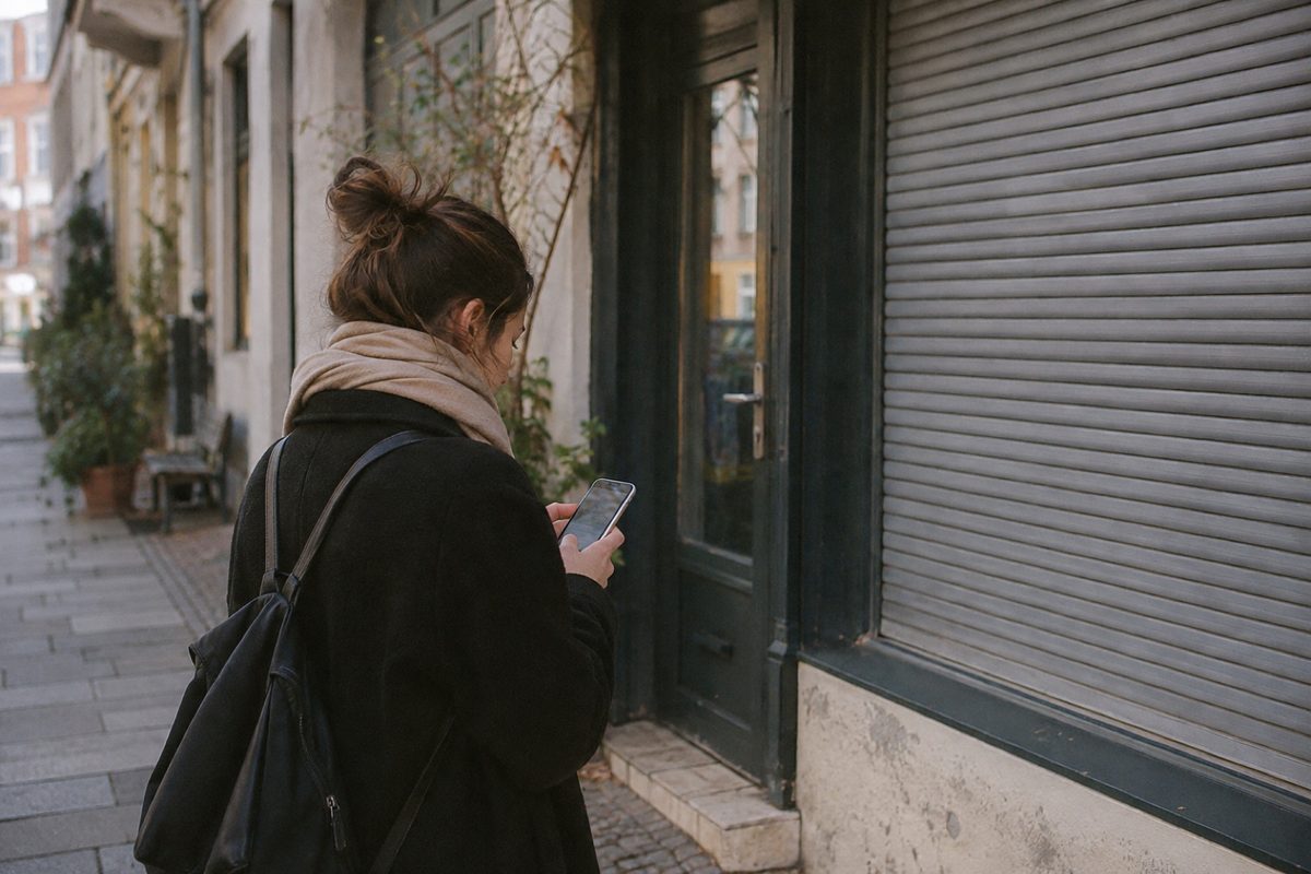 Eine Frau steht mit dem Smartphone vor einem Ladengeschäft, dessen Rollladen heruntergelassen ist.